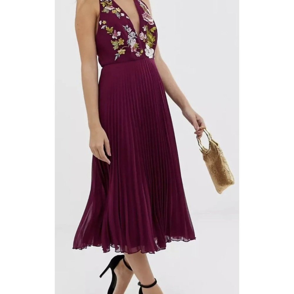 ASOS Womens Midi Magenta Pleated Embroidered Bodice Fit & Flare Dress Size 14